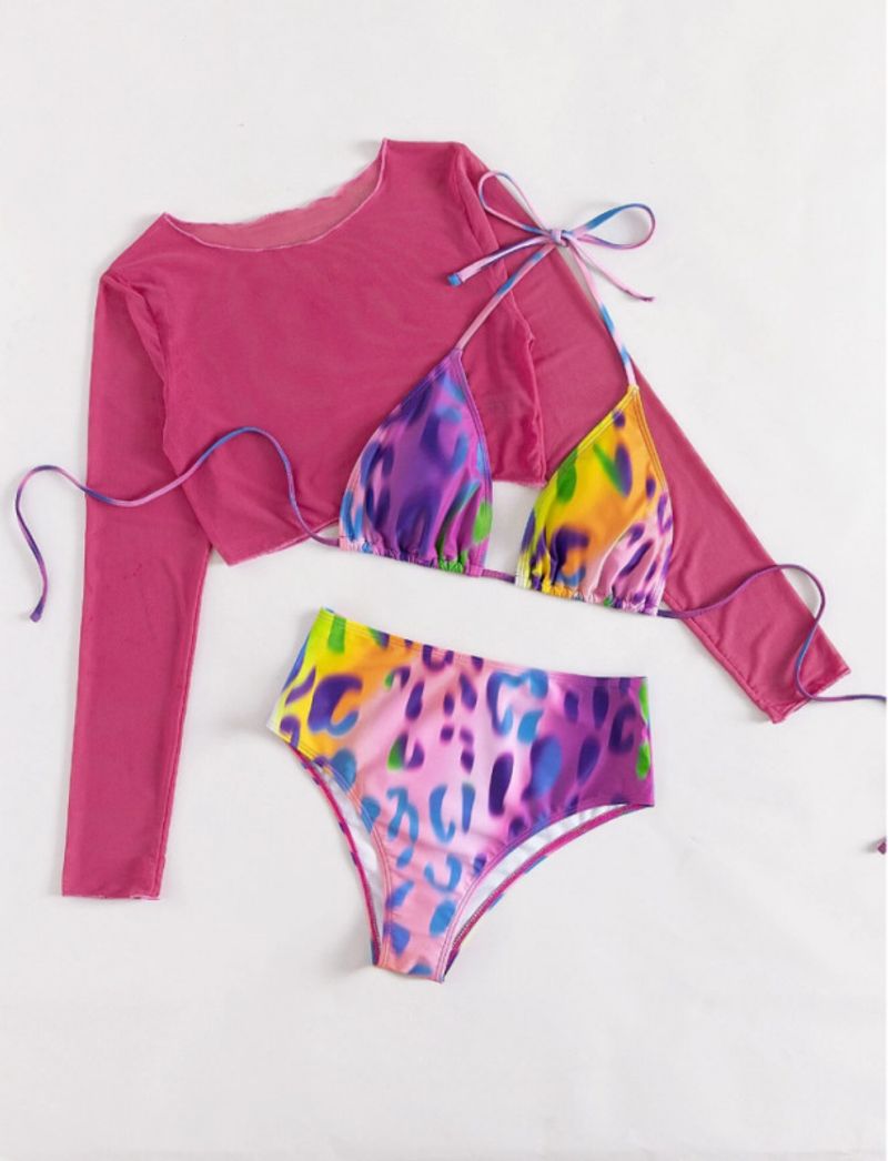 Abbigliamento da donna Costume da bagno Donna Nuovo set con stampa leopardata sfumata in tre pezzi Costume da bagno copricostume sexy a maniche lunghe_voghion.com
