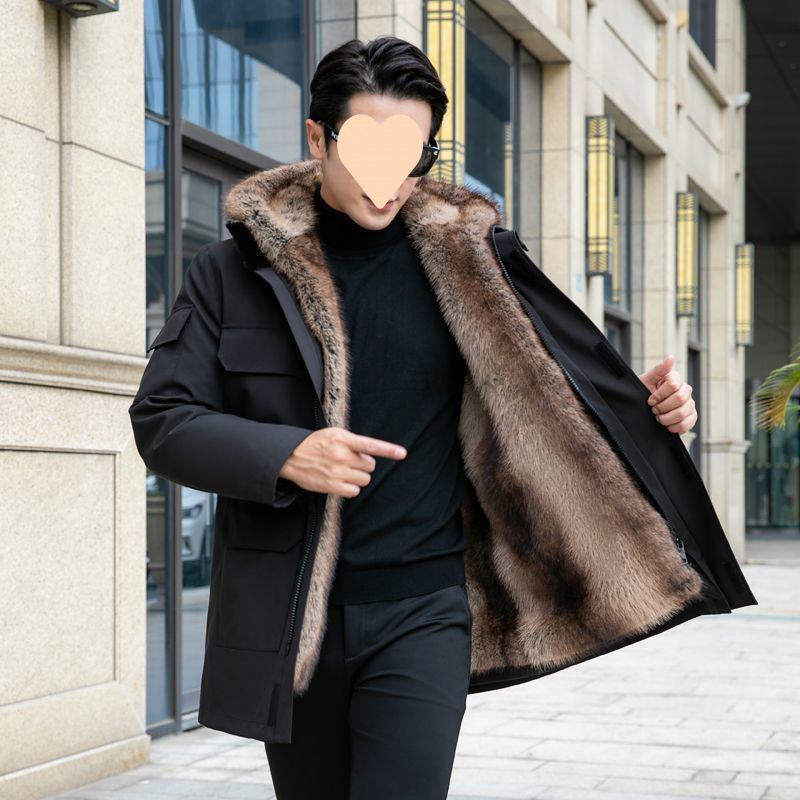 Parkerjacke für Herren, Nerzpelz, abnehmbares Futter, verdickter mittellanger Ledermantel_voghion.com