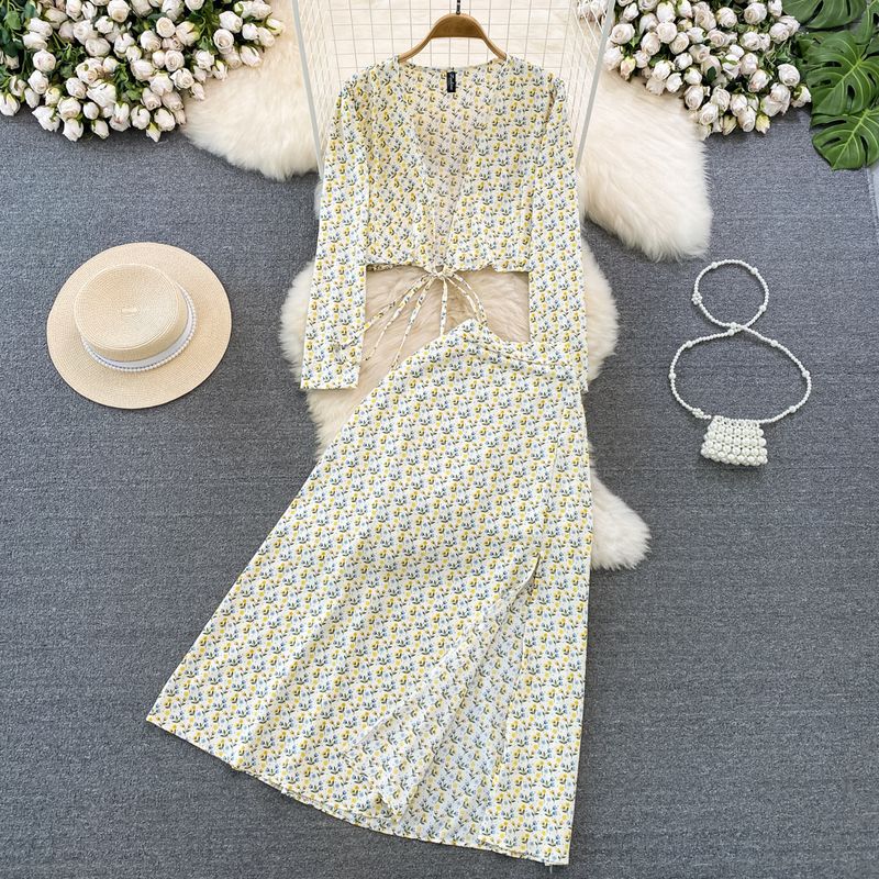 Gonna da donna con spacco sottile a vita alta in due pezzi con scollo a V profondo e maniche lunghe_voghion.com