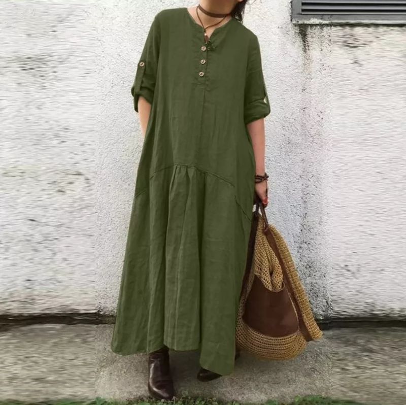 Abito lungo a maniche lunghe in cotone e lino da donna, stile retrò, casual, per le feste_voghion.com