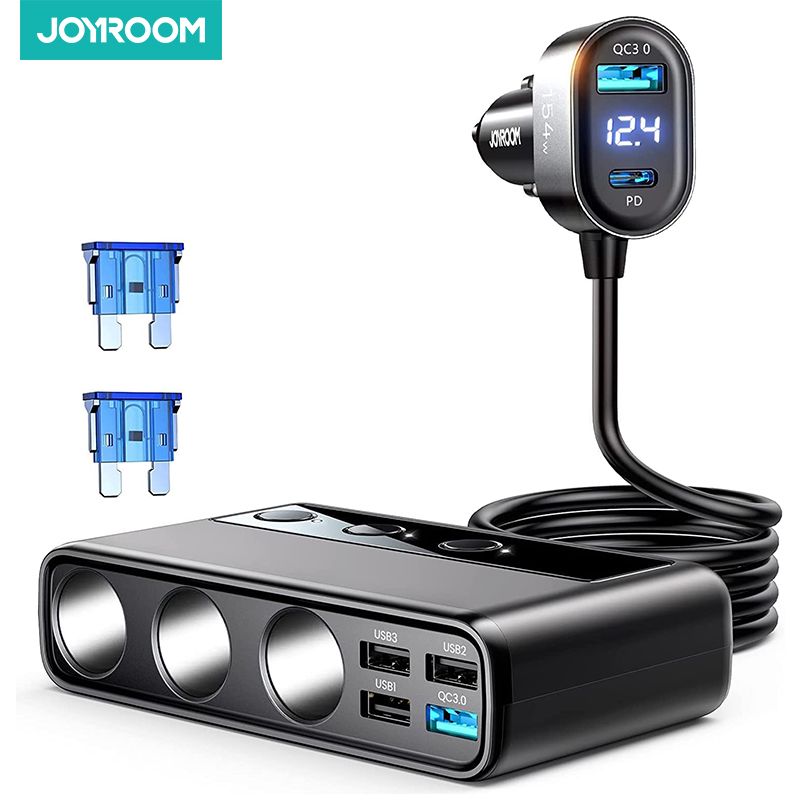 Joyroom 154W  9 in 1 Car Charger Adapter PD 3 Socket Cigarette Lighter Splitter Charge Independent Switches DC Cigarette Outlet_voghion.com