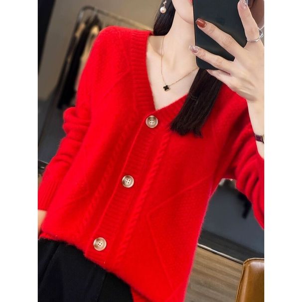 Damenbekleidung V-Ausschnitt Kaschmir-Cardigan Langarm Loose Fit Rautenmuster Strickpullover Mantel_voghion.com