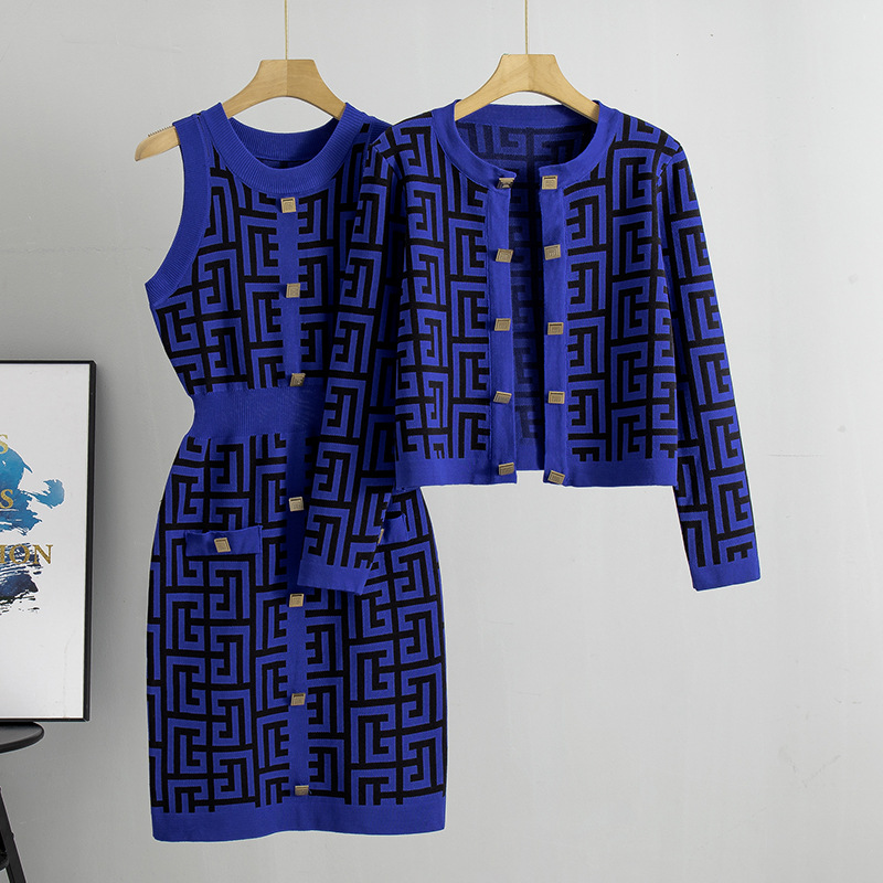 Damenmode Temperament Strickpullover Mantel + Weste Kleid zweiteiliges Set_voghion.com
