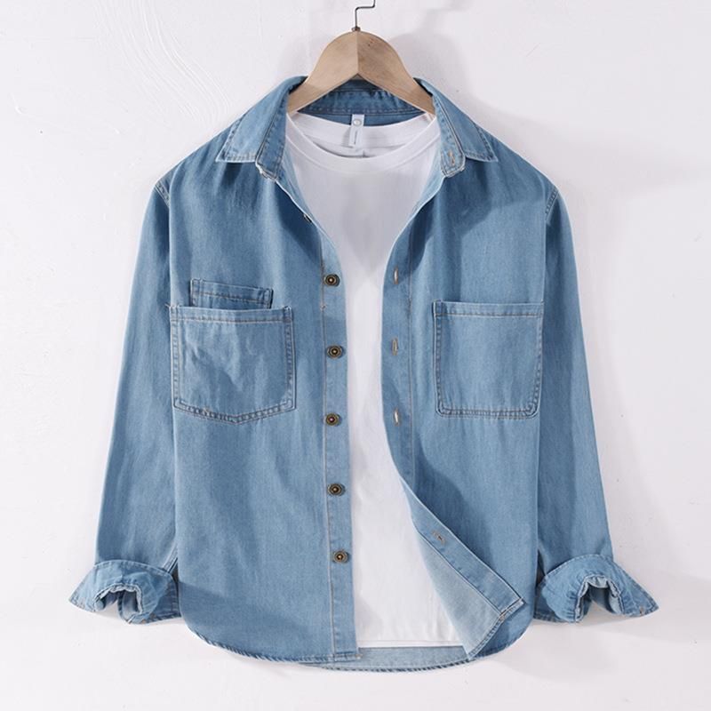 Spring And Autumn Casual Men's Denim Long Sleeved Shirt, Solid Color, Handsome, Simple, Versatile And Fashionable_voghion.com
