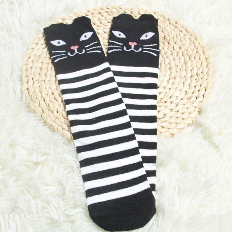 Gestreepte Overknee Hoge Schattige Kat Beer Meisje Kousen Kinderen Lange Beenwarmer Katoenen Baby Sokken_voghion.com