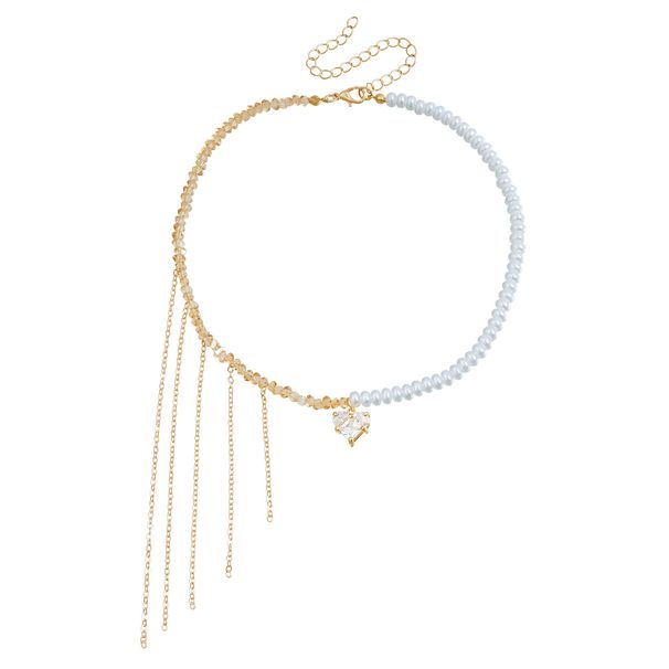Collier avec pendentif en zircon à texture délicate et perles de cristal frangées, chaîne de clavicule_voghion.com