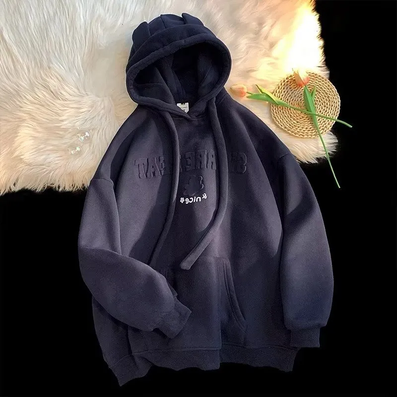 Women's Clothing Fashion brand high street couple sweater female design niche plus velvet thick new lazy style hooded jacket_voghion.com