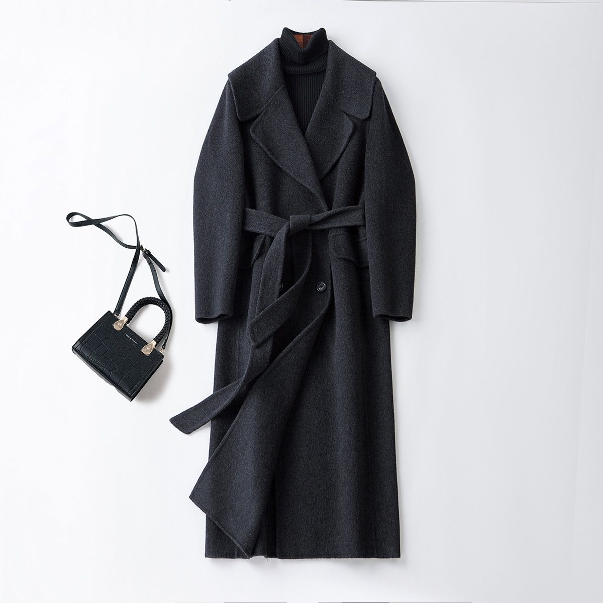 Cappotto di lana stile Hepburn ampio, stile coreano, autunno e inverno, di media lunghezza, in cashmere double-face nero, per donna_voghion.com