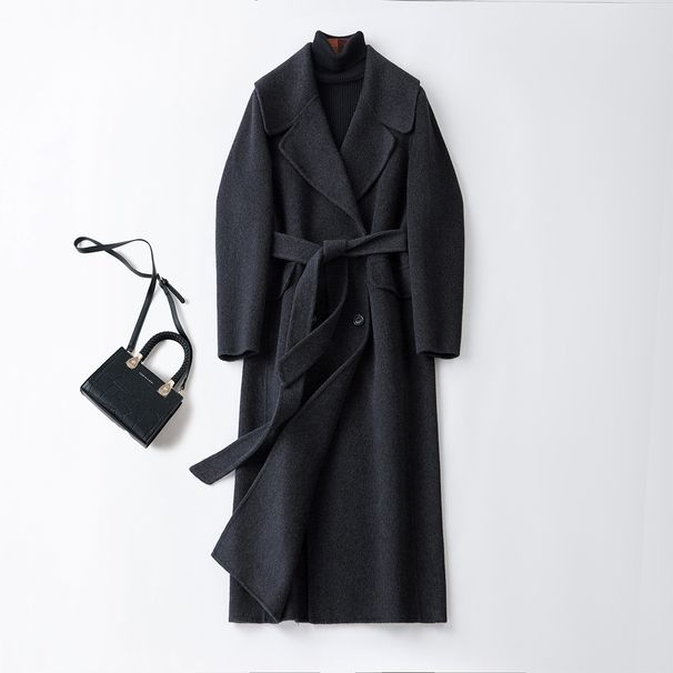 Cappotto di lana stile Hepburn ampio, stile coreano, autunno e inverno, di media lunghezza, in cashmere double-face nero, per donna_voghion.com