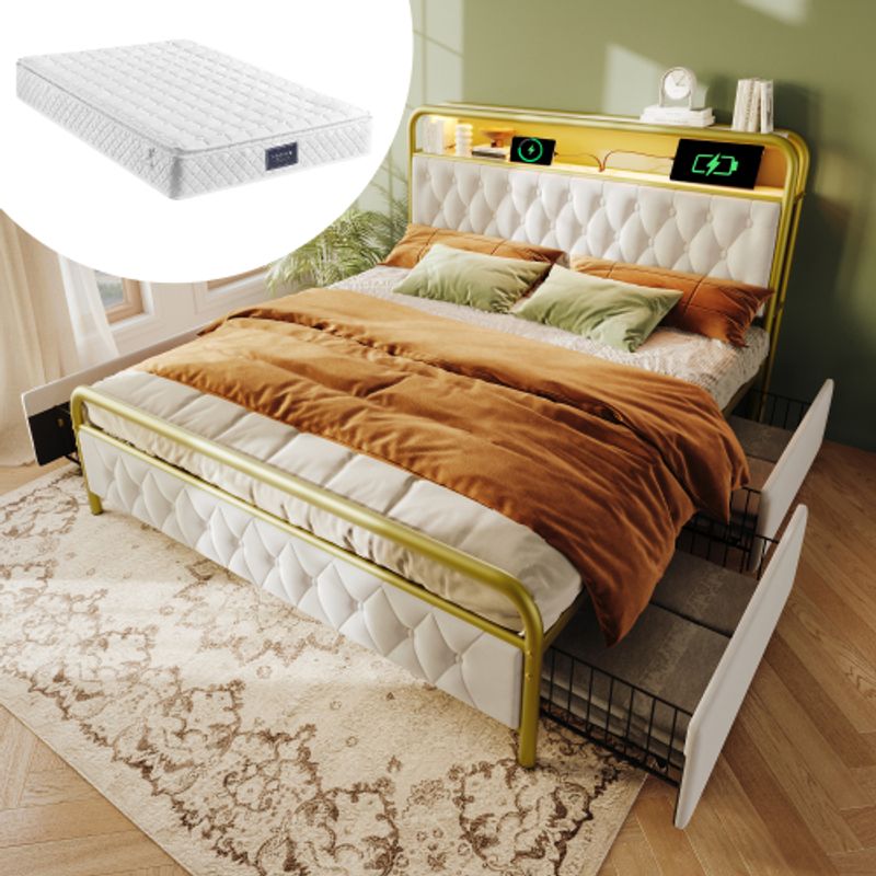 Polsterbett Doppelbett Mit Aufladen USB Type C Ladefunktion APP-Control LED Bettgestell Metallbett 160×200 Bettrahmen Und 4 Schubladen, Samt (Mit Matratze)_voghion.com
