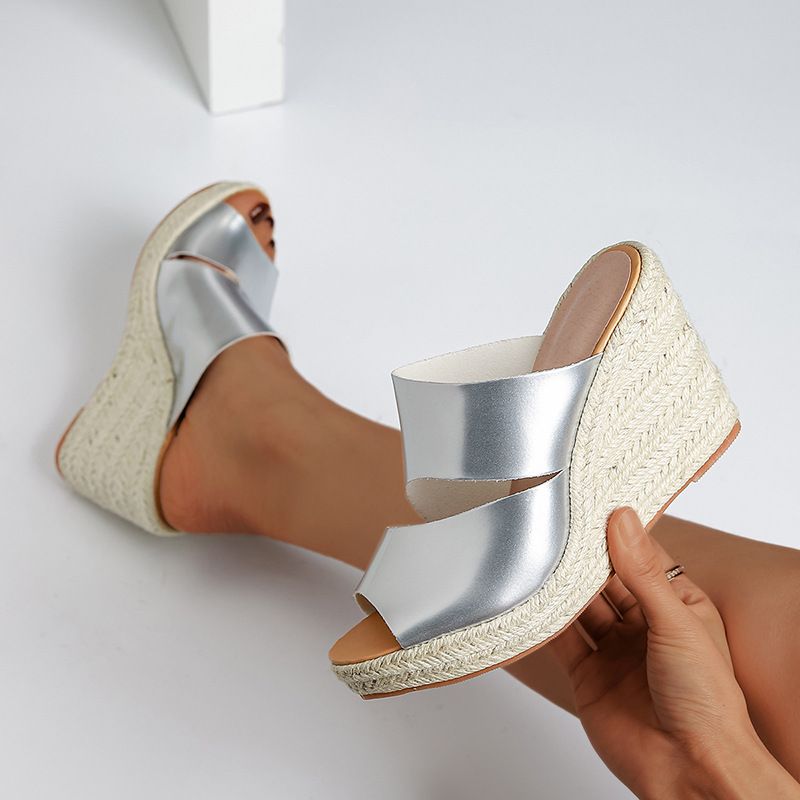 Damesschoenen met sleehak, hoge hak en dikke onderkant, sandalen voor dames, open teen, stro, gevlochten touw, onderkant, gouden schoenen_voghion.com
