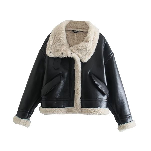 Elegante giacca in similpelle con fodera in pile – Cappotto invernale caldo da donna con finiture in pelliccia (XS-L, nero)_voghion.com