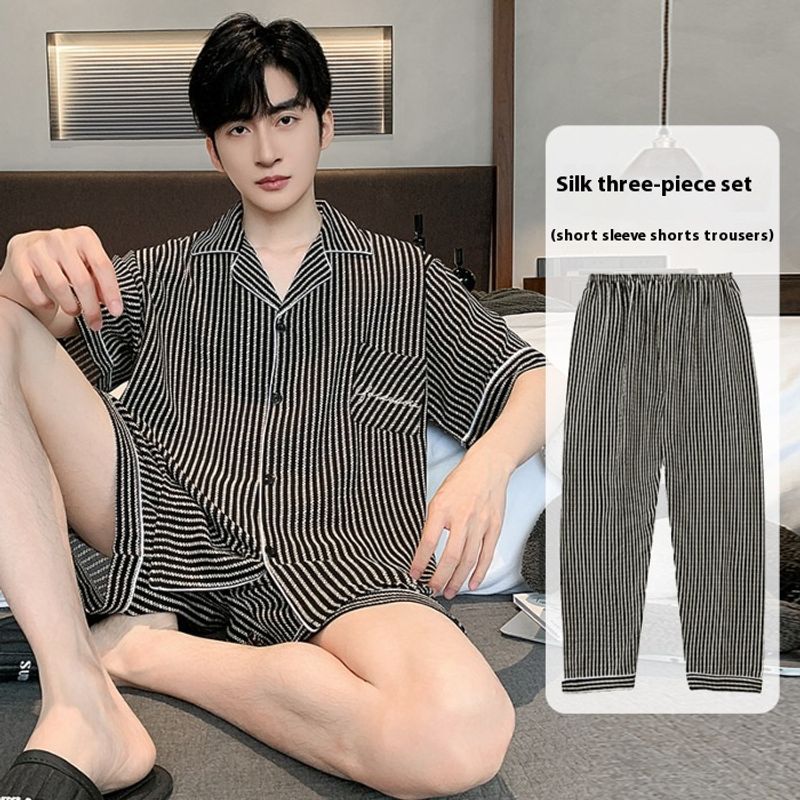 Men's sleepwear, woven silk fabric, bubble cotton, men's short sleeved pants three piece set, summer thin home clothes_voghion.com