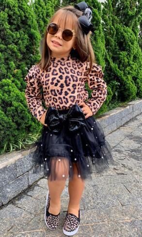 Top a maniche lunghe con stampa leopardata per bambini con gonna in pizzo con fiocco Abito da ragazza in due pezzi_voghion.com