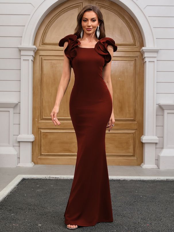 Elegant Satin Evening Gown With Flutter Sleeves Stunning Emerald Green & Wine Red Formal Dress For Galas & Parties ( Slim Fit With Waist Draping)_voghion.com
