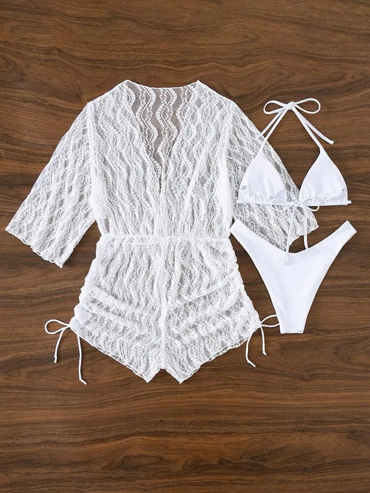 Maillot de bain une pièce à manches longues en maille avec ceinture et imprimé taille haute et cordon de serrage pour femme_voghion.com