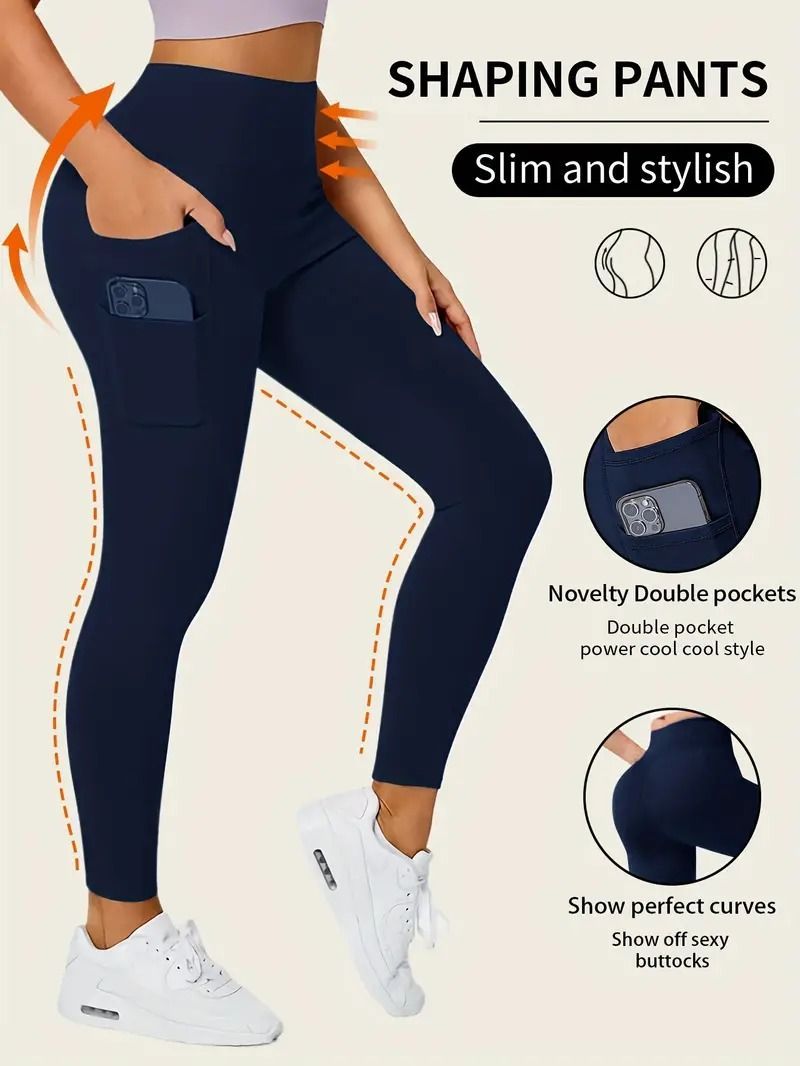 Solid Color Yoga Pants With Pocket, High Stretch Stretch Running Fitness Sports Leggings, Women's Activewear_voghion.com