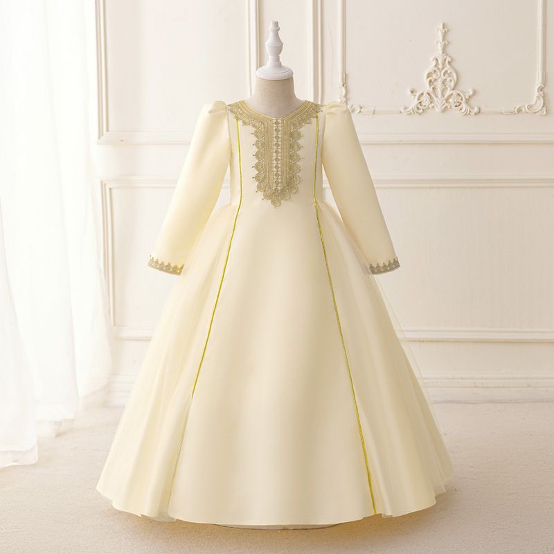 Mother & Kids Robe Girls Dress Embroidery Elegant Solid Color Banquet Long Dress_voghion.com