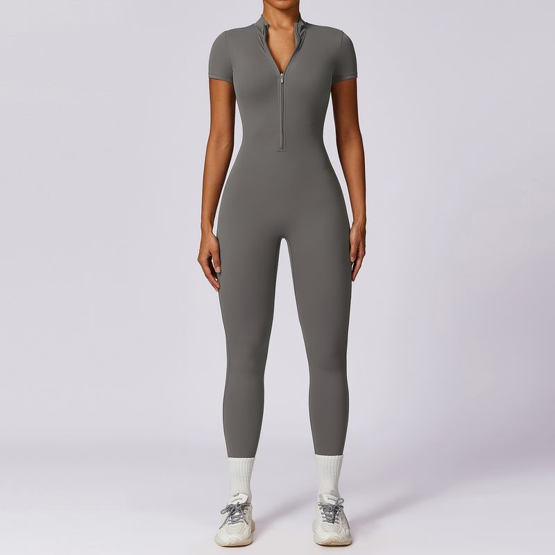 Women's Clothing Zipper Short Sleeved Nude Yoga Jumpsuit For Women To Wear Fitness Sports Jumpsuit 8305_voghion.com