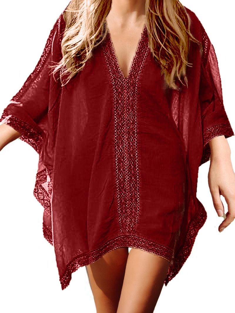Copricostume da spiaggia da donna con maniche a pipistrello in pizzo floreale, protezione solare, vestibilità ampia, taglie forti_voghion.com