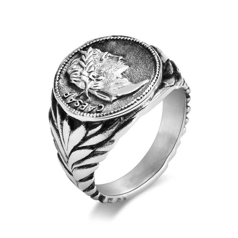 Anello da uomo in titanio con testa di moneta in stile Impero Romano Cesare in acciaio, gioielli retrò_voghion.com
