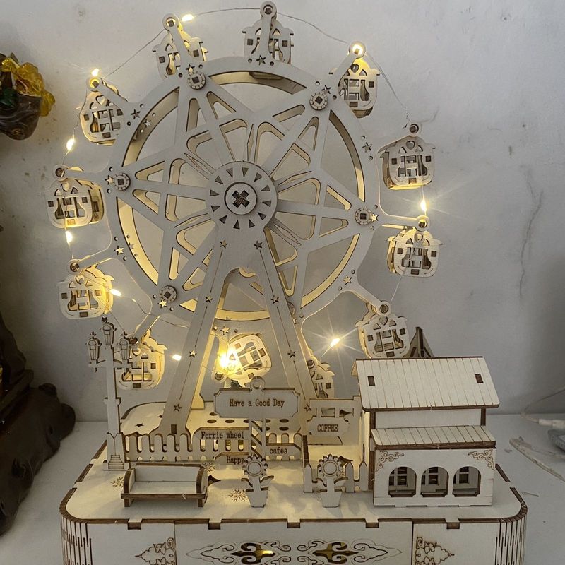 DIY Assembly Rotating Light Creative Gift 3D Wooden Ferris Wheel Music Box_voghion.com