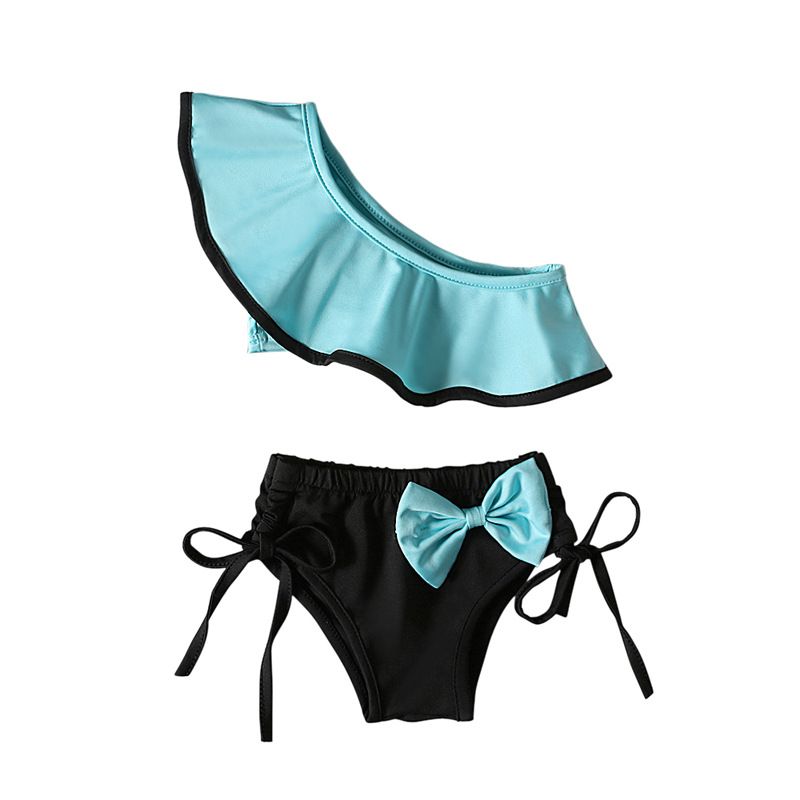 Mother & Kids children's solid color swimwear off-shoulder separates ruffled swimwear children's clothing ins_voghion.com