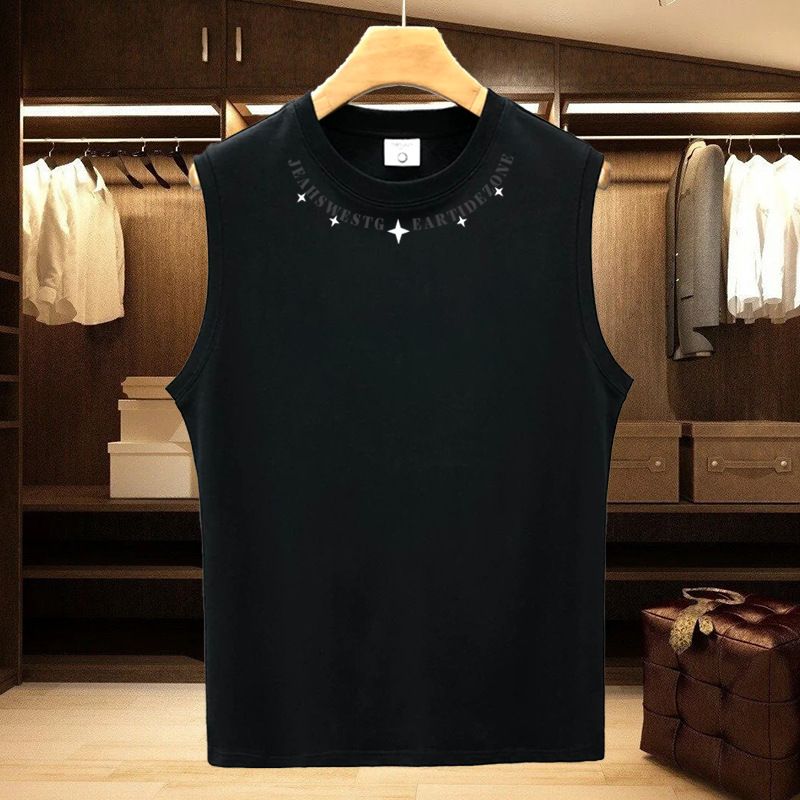 Herrkläder Ärmlös T-shirt i ren bomull Herrväst Sommarväst Breda axlar Lösa basketbollar Fitness Sport Bomullströja_voghion.com