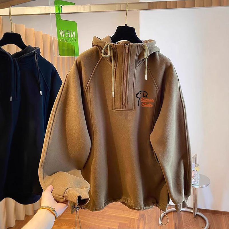 Büyük Beden Kadın Giyim 150kg Polar Astarlı Kalınlaştırılmış Yarım Fermuarlı Yeni Tembel Stil Kapüşonlu Sweatshirt Moda Baskılı Üst_voghion.com