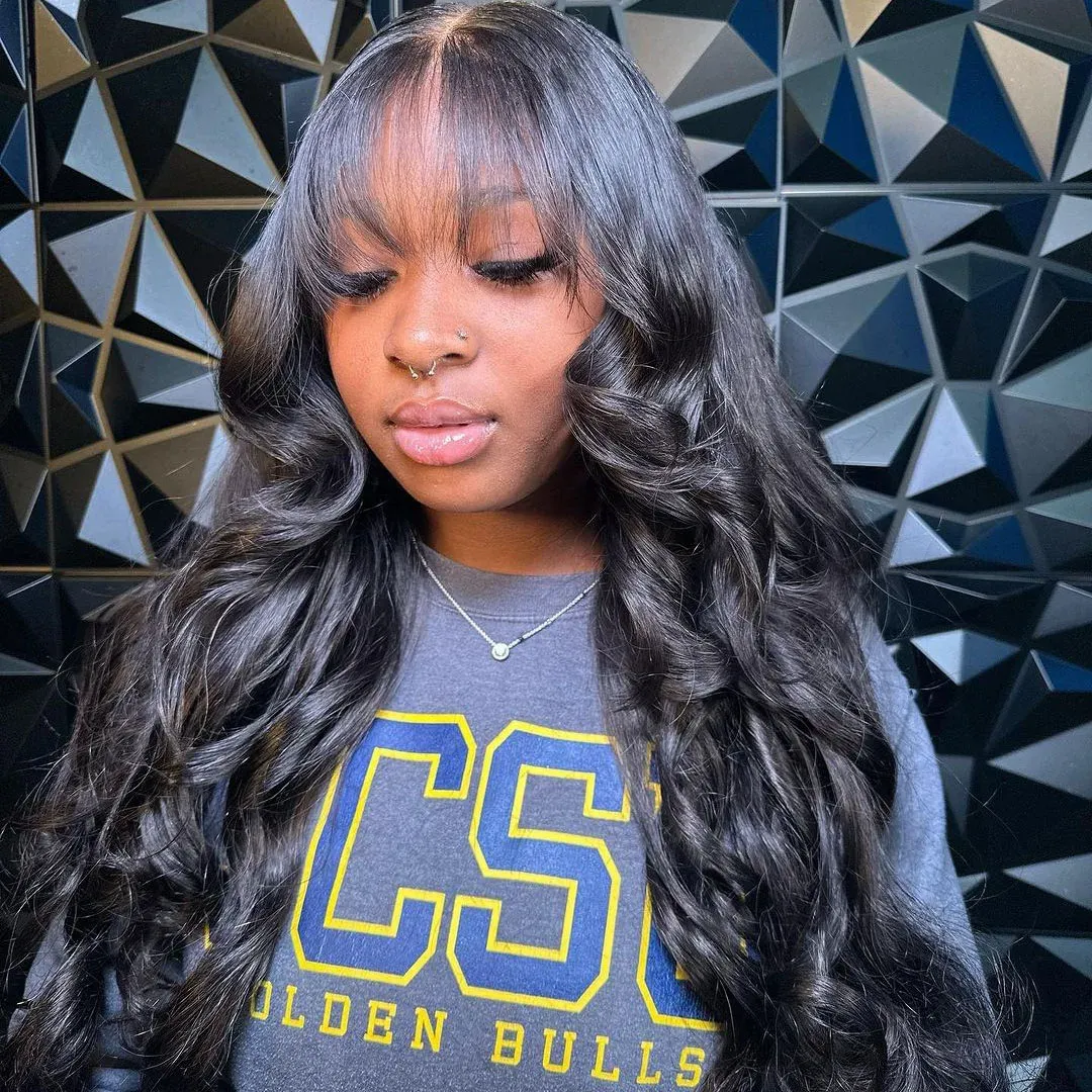 Parrucca da 30 pollici in pizzo con parte centrale a T e onda del corpo, con frangia, per donne nere_voghion.com