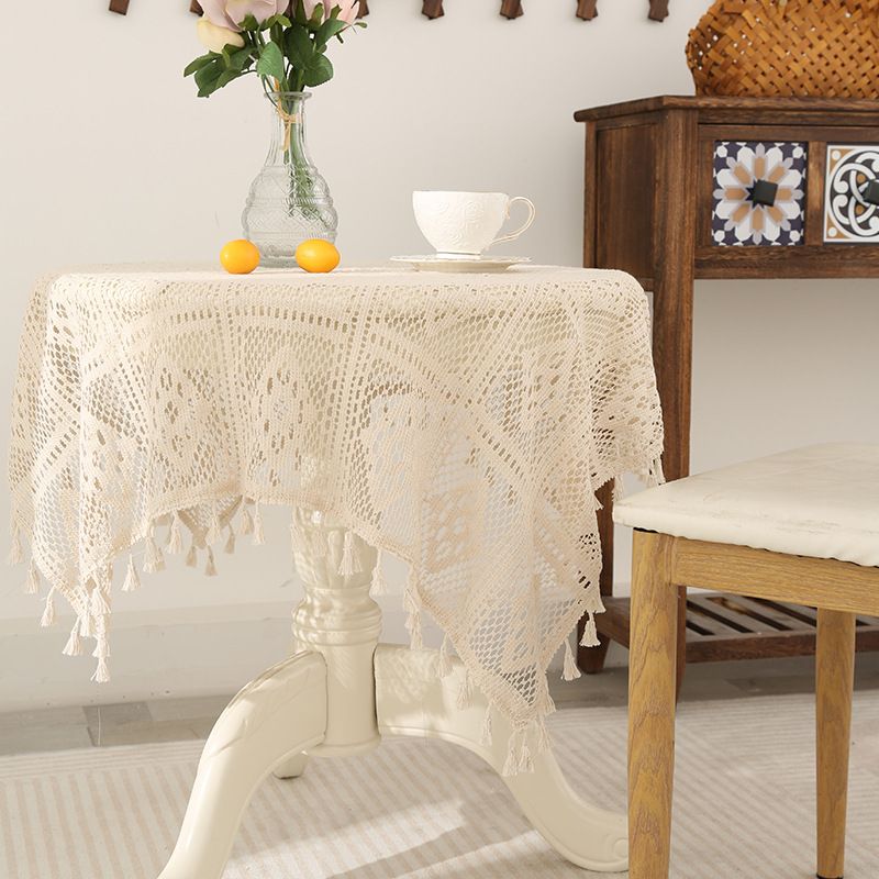 Lace Tablecloth – Elegant Square-Pattern Round Table Cover – Anti-Slip Polyester Fabric – Beige Vintage Decor For Dining, Coffee Table, Wedding_voghion.com