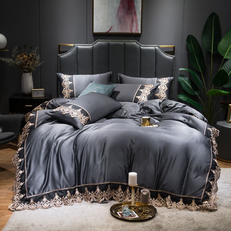 Pure Color Silk Bedding Set - Washed Silk With Embroidered Lace Trim 4-Piece Set Fitted Sheet Included Luxury Hotel Quality_voghion.com
