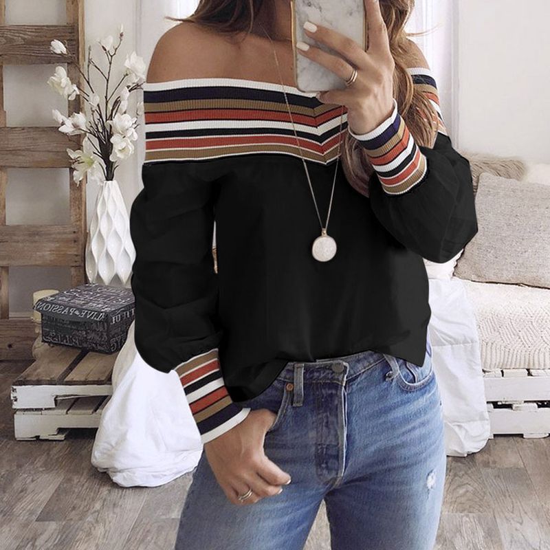 Damenbekleidung Schulterfreies bedrucktes gestricktes Patchwork-Top-Shirt_voghion.com