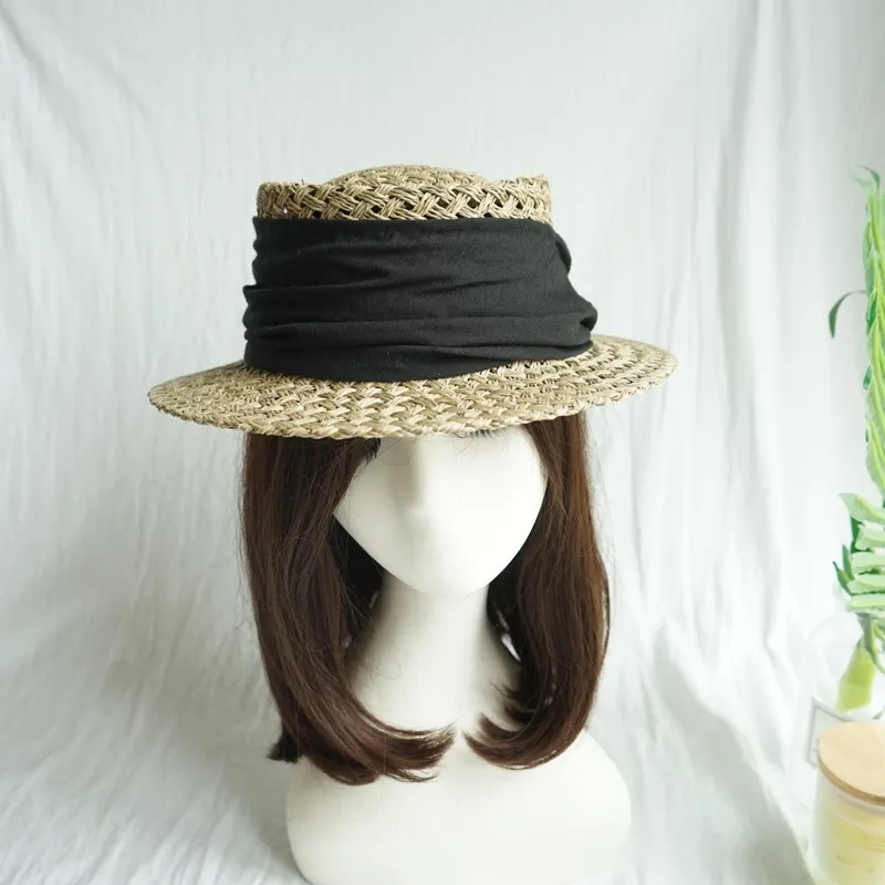 Fashion Fashion French Retro Flat Top Wide Brim Ribbon Women Summer Elegant Girl Sunshade Holiday Beach Cap Sun Protection Straw_voghion.com