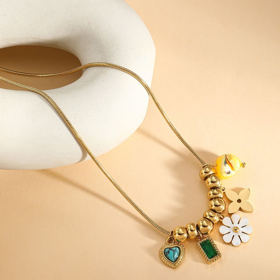 Collana con ciondolo a forma di fiore con ape in acciaio al titanio, creativa, perla, turchese, perlina, catena a forma di serpente e osso_voghion.com