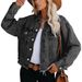 Women's Distressed Denim Jacket With Fringe Hem & Button Closure - Vintage Washed Short Cropped Casual Jacket For Women_voghion.com