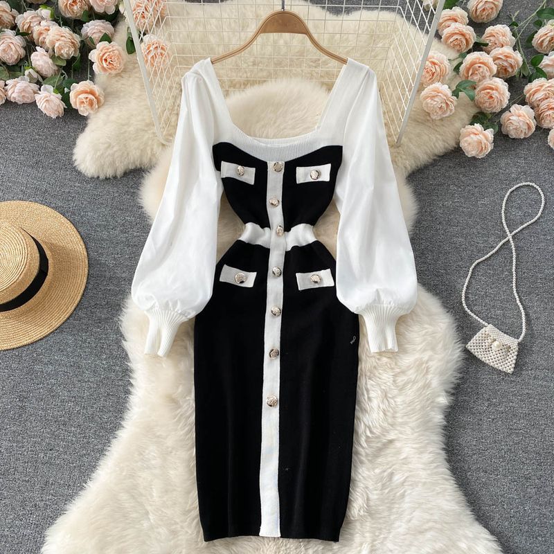 Women's clothing temperament square collar button contrast color knitted dress waist slim lantern sleeve bottom hip skirt_voghion.com