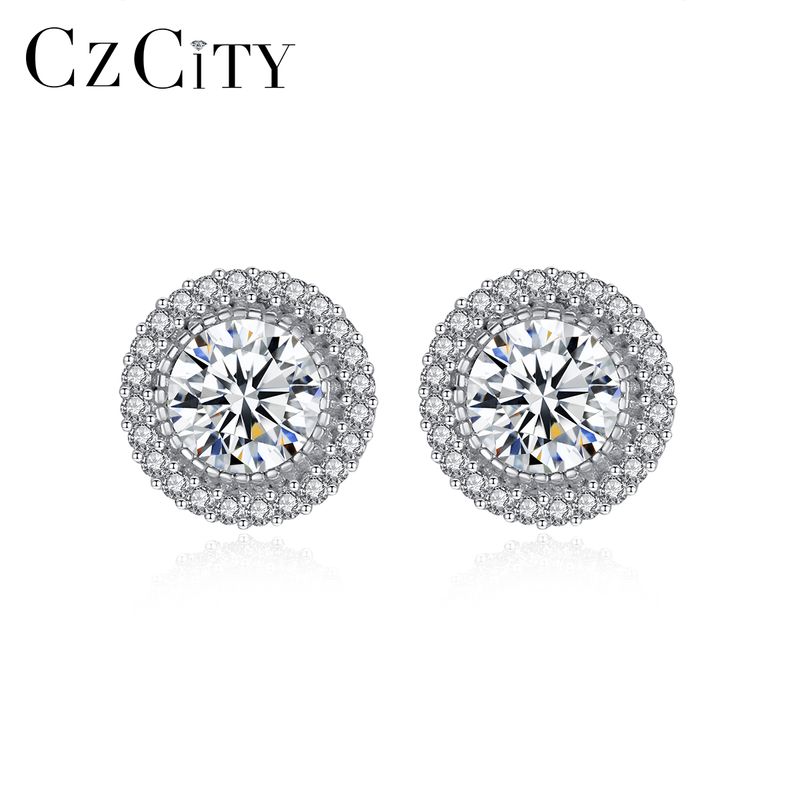 Orecchini a bottone rotondi in vero argento sterling Halo Elegante semplice lucido piccolo CZ Donna Classico orecchio in pietra zircone_voghion.com