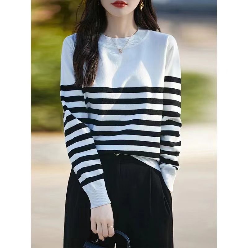 Pullover aus kontrastierendem, gestreiftem Kaschmir im französischen Stil für Herbst und Winter in koreanischer Mode für den Freizeitstil_voghion.com
