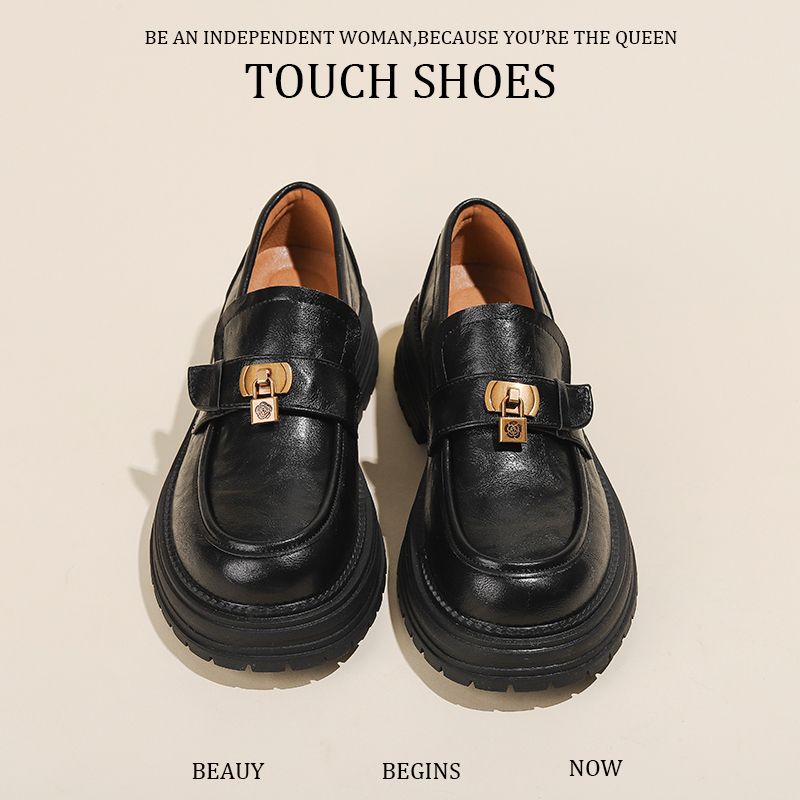 Helskinn ~ Mjuka, slitstarka loafers för kvinnor 2025 Nya ankomst grova, runda tår, höga klackar i brittisk stil, JK-läderskor_voghion.com