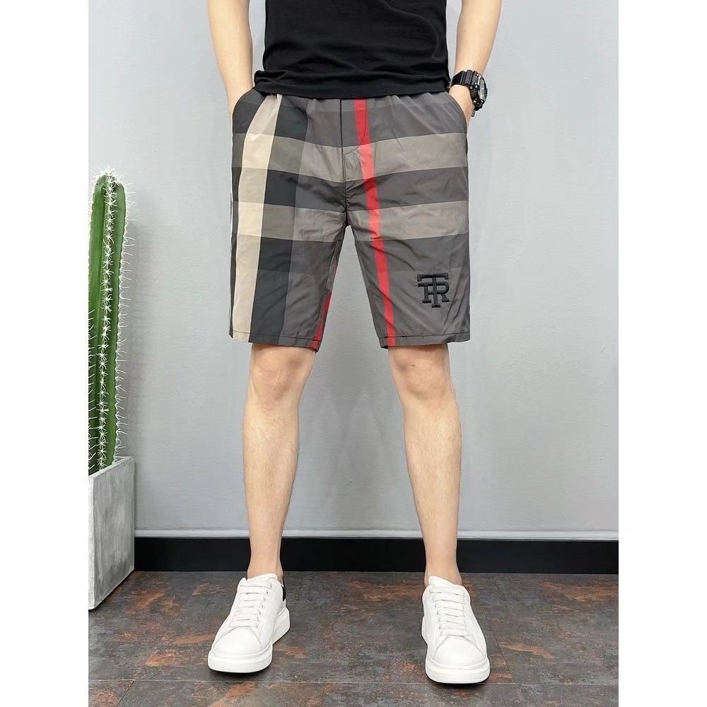 Summer Thin Quick Drying Shorts Men's Trendy Slim Fit Contrast Colored Plaid Casual Capris Versatile Stretch Beach Pants_voghion.com