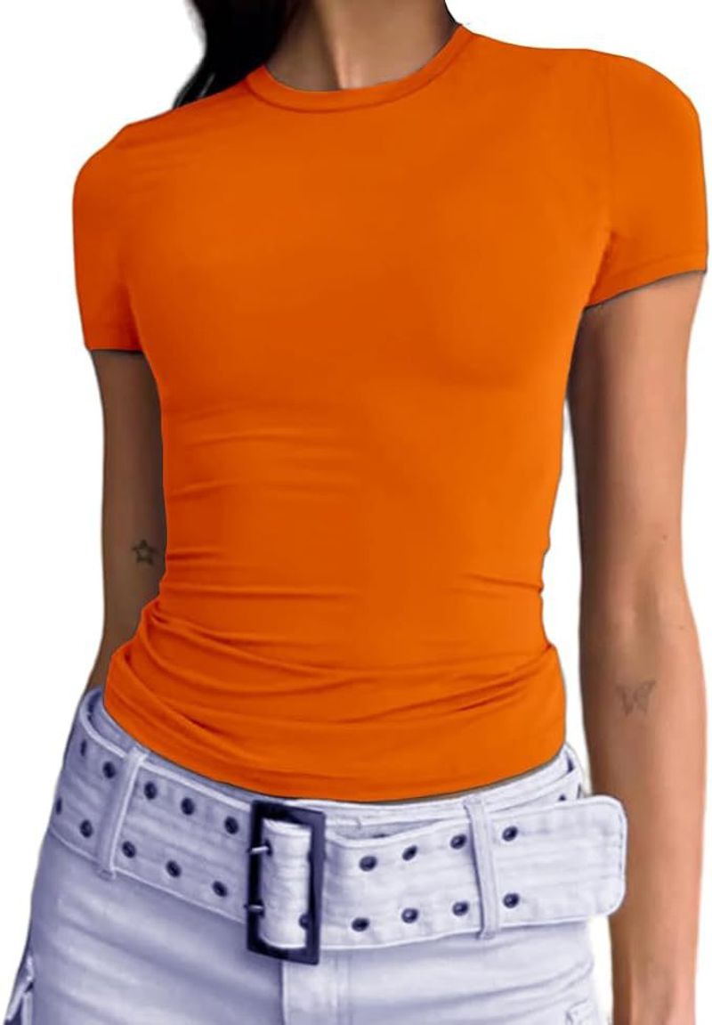 Europäische und amerikanische grenzüberschreitende neue langärmlige, elastische Rundhals-T-Shirt-Rippung für Damen, schmale, lässige Basic-Oberteile_voghion.com