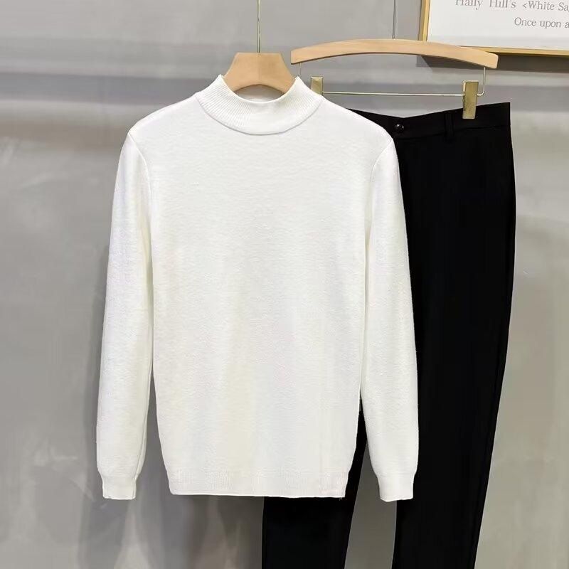 Men's Clothing Plush And Thickened Fleece Half High Collar Sweater Winter Soft And Warm White Mid Neck Knitted Bottoming Shirt_voghion.com