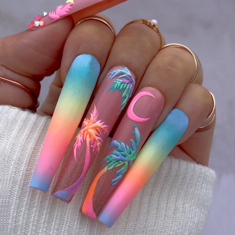 High Quality Wearing Armor Long Colorful Moonlight  Seven Color Gradient Coconut Tree 24 Patch Style Beauty Tool Fashionable Design Gift_voghion.com