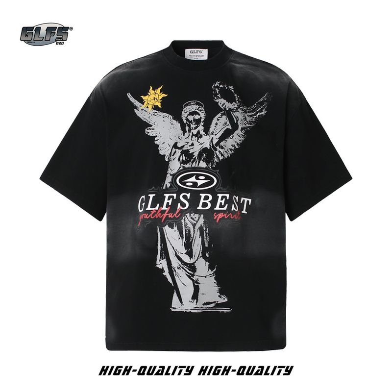 Vīriešu apģērbs GLFS Dopamīns Amerikāņu stils Mazgāts Vecmodīgs Vīriešu Topi Summer Street Angel Augstas klases Īsroku Vīriešu un Sieviešu Stils_voghion.com