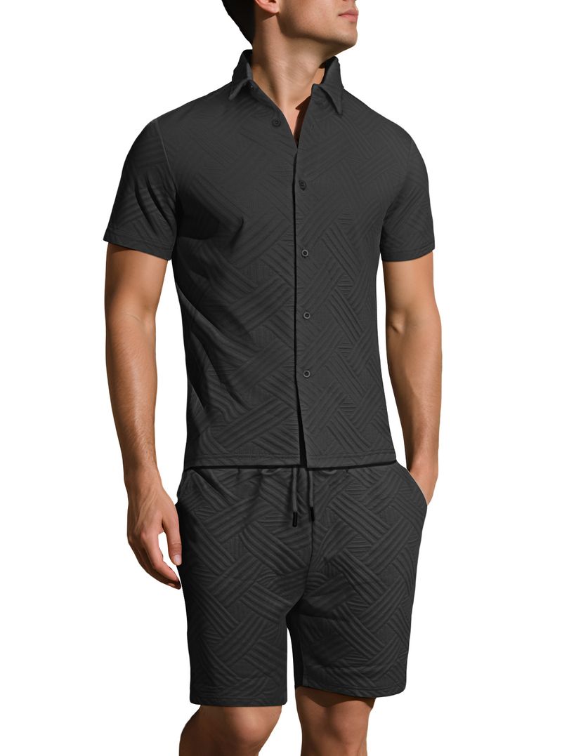 Herrenbekleidung Sommer Neue Herren Einfarbig Jacquard Hemd Lässig Kurzarm Shorts Zweiteiliger Anzug_voghion.com