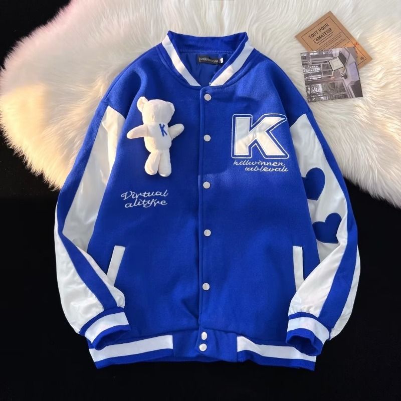 Unisex Teddybär-Baseballjacke – Blau-weißer Color-Block-College-Mantel (M-3XL) – Übergroße Streetwear für Paare für Männer und Frauen​_voghion.com