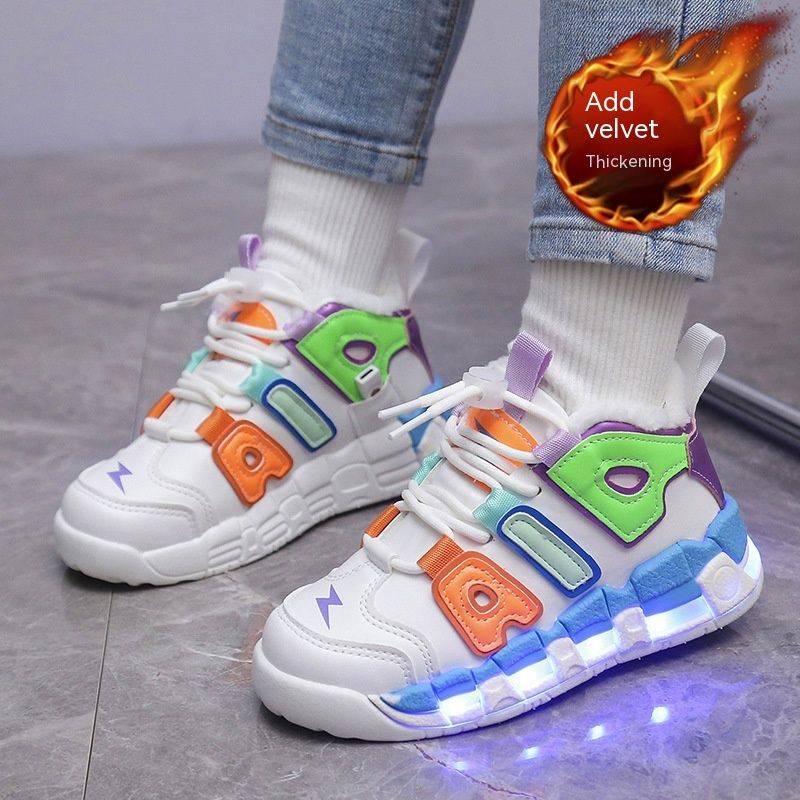 Plüsch-Ladeschuhe, bunte leuchtende Baumwollschuhe, feste Sohlen, Nachtleuchtend, Jungen und Mädchen, mit Lichtern,_voghion.com