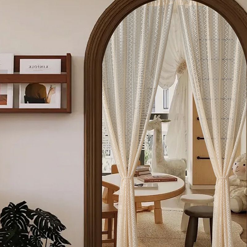 Cremefarbener Retro-Spitzenvorhang, frei stanzbar, für Schlafzimmer, Wohnzimmer, gewölbte Tür, Gazevorhang, Trennwand_voghion.com