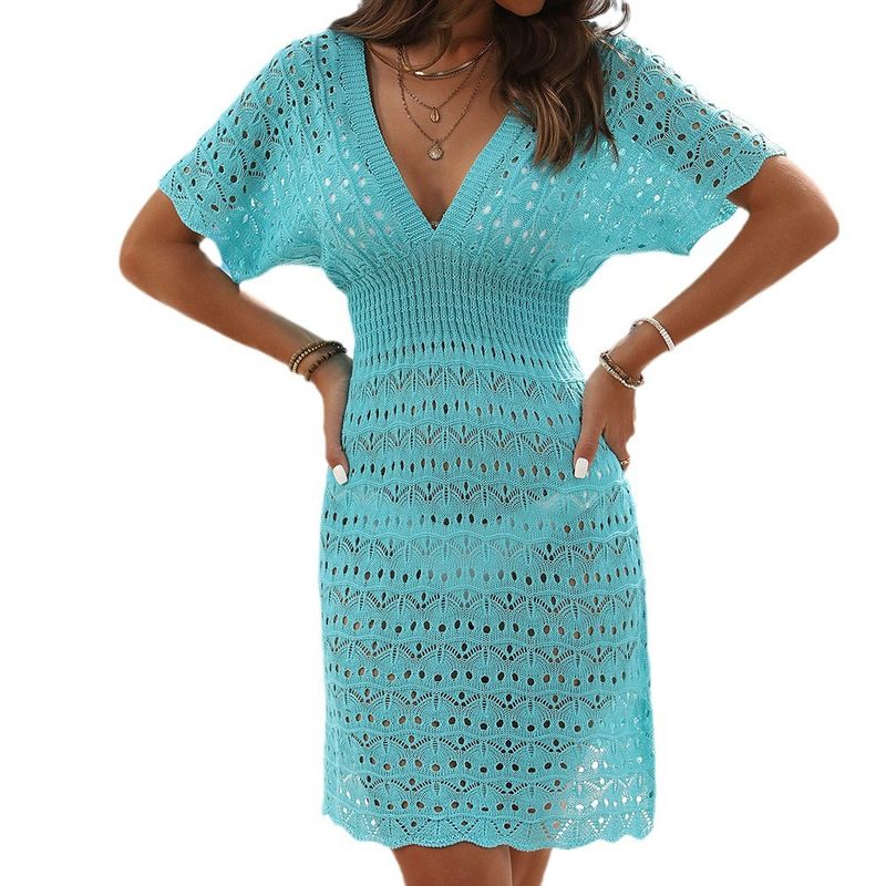 Falda playera con escote en V profundo para mujer, falda playera hueca con estampado de ondas y cintura elástica, X5967_voghion.com